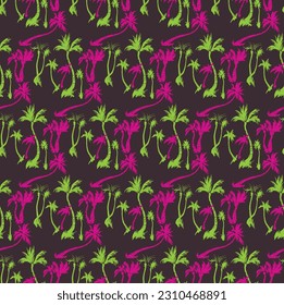 Vector illustration tropical palm trees seamless trendy pattern. Tropical pattern with sketchy vintage palm trees. Hand drawn vector illustration.