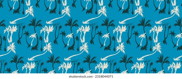 Vector illustration tropical palm trees seamless trendy pattern. Tropical pattern with sketchy vintage palm trees. Hand drawn vector illustration.