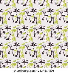 Vector illustration tropical palm trees seamless trendy pattern. Tropical pattern with sketchy vintage palm trees. Hand drawn vector illustration.