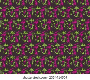 Vector illustration tropical palm trees seamless trendy pattern. Tropical pattern with sketchy vintage palm trees. Hand drawn vector illustration.