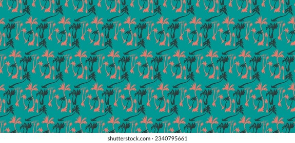Vector illustration tropical palm trees seamless trendy pattern. Tropical pattern with sketchy vintage palm trees. Hand drawn vector illustration.
