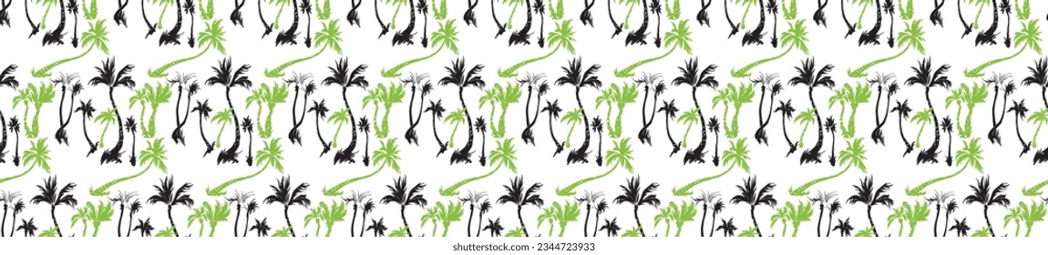 Vector illustration tropical palm trees seamless trendy pattern. Tropical pattern with sketchy vintage palm trees. Hand drawn vector illustration.