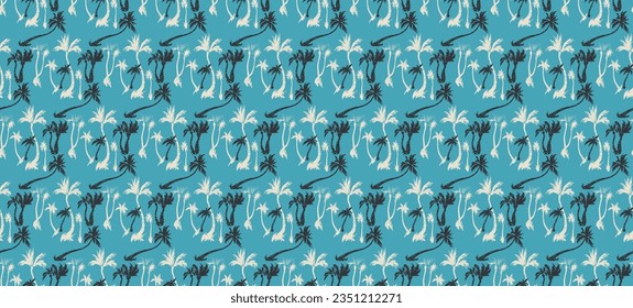 Vector illustration tropical palm trees seamless trendy pattern. Tropical pattern with sketchy vintage palm trees. Hand drawn vector illustration.