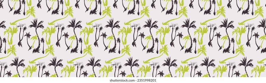 Vector illustration tropical palm trees seamless trendy pattern. Tropical pattern with sketchy vintage palm trees. Hand drawn vector illustration.