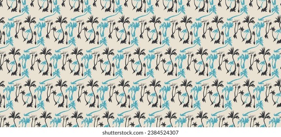 Vector illustration tropical palm trees seamless trendy pattern. Tropical pattern with sketchy vintage palm trees. Hand drawn vector illustration.