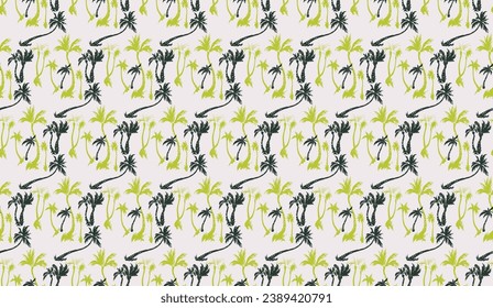 Vector illustration tropical palm trees seamless trendy pattern. Tropical pattern with sketchy vintage palm trees. Hand drawn vector illustration.
