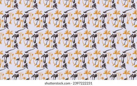 Vector illustration tropical palm trees seamless trendy pattern. Tropical pattern with sketchy vintage palm trees. Hand drawn vector illustration.