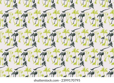 Vector illustration tropical palm trees seamless trendy pattern. Tropical pattern with sketchy vintage palm trees. Hand drawn vector illustration.