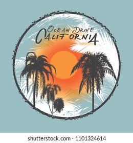 Vector Illustration Tropical Palm T-shirt Graphic Summer Fashion Design with Typography California