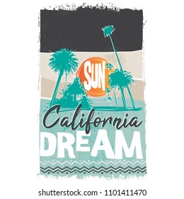 Vector Illustration Tropical Palm T-shirt Graphic Summer Fashion Design with California Dream Typography