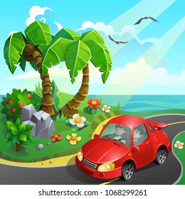 Vector illustration. Tropical palms and flowers with red car.