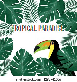 vector illustration of tropical paradise with palm leaves frame with toucan.