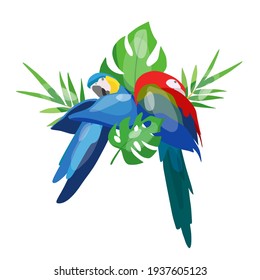  Vector illustration of tropical parrots sitting in palm leaves.