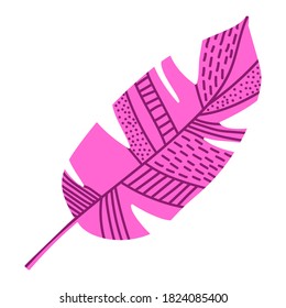 Vector illustration of a tropical plant. Pink fern isolated on white background. Hand drawn branches and leaves