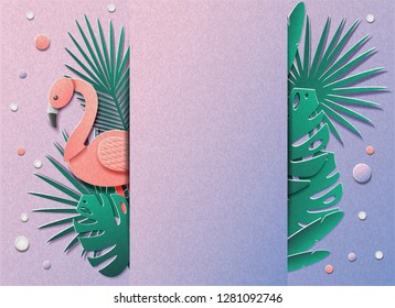 Vector illustration with a lot of tropical plants and flamingos. In the style of cut paper. In the middle there is space for the test.
