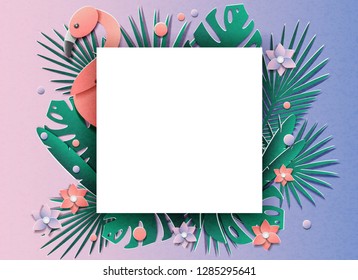 Vector illustration with a lot of tropical plants and flamingos. In the style of cut paper. In the middle there is space for the text.