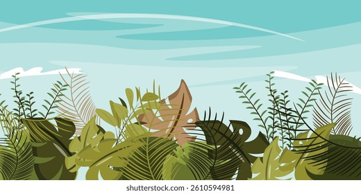 Vector illustration of tropical plants isolated in the sky background. Cartoon tropical plants, green leaves, branches of different shapes and sizes: palm leaves, monstera, blue sky with white clouds.