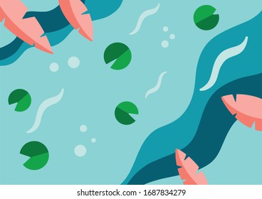 Vector illustration with tropical plants on a blue river background. Empty space for advertising