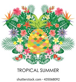 vector illustration / tropical plants and pineapple composition / palm leaves and exotic flowers symmetrical layout