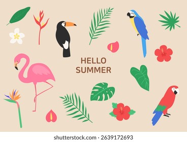 Vector illustration of tropical plants and wild animals.