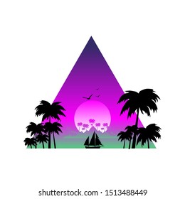 vector illustration of  tropical purple night over boat on the ocean and palm island 