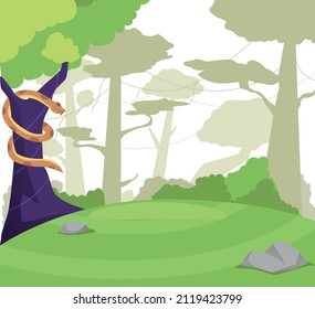Vector illustration tropical rainforest Jungle background with snakes background.