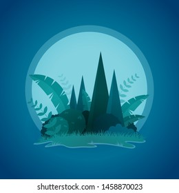 Ilustración vectorial del paisaje de selva tropical vegetal y árboles tropicales. Diseño vectorial del pequeño paisaje tropical de la noche isleña.