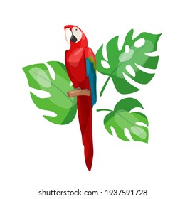 Vector illustration of a tropical red parrot in a composition with tropical leaves.