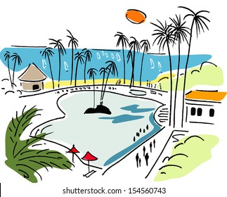 Vector illustration of tropical resort scene with swimming pool and palm trees