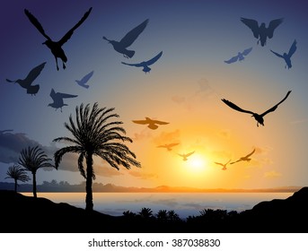 Vector illustration of Tropical sea landscape with flock of flying bird