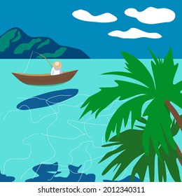 Vector illustration, tropical sea, a man in a boat catches a fish. Palms, mountains. Background, design element