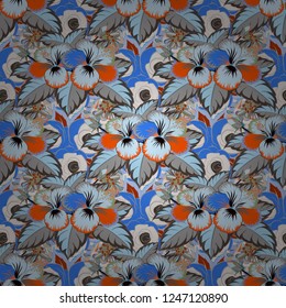 Vector illustration. Tropical seamless pattern with many gray, blue and orange hibiscus flowers. Gray, blue and orange vector seamless pattern.