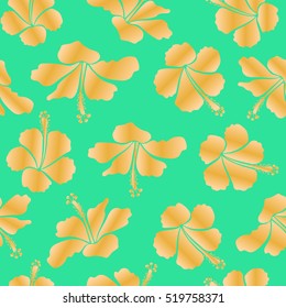 Vector illustration. Tropical seamless pattern with many beige, green and yellow hibiscus flowers. Beige, green and yellow vector seamless pattern.