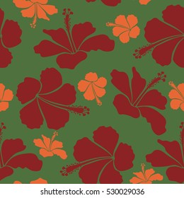 Vector illustration. Tropical seamless pattern with many green, red and orange hibiscus flowers. Green, red and orange vector seamless pattern.