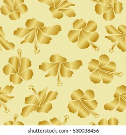 Vector illustration. Tropical seamless pattern with many yellow and beige hibiscus flowers. Yellow and beige vector seamless pattern.