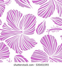 Vector illustration. Tropical seamless pattern with many neutral, violet and white hibiscus flowers. Neutral, violet and white vector seamless pattern.