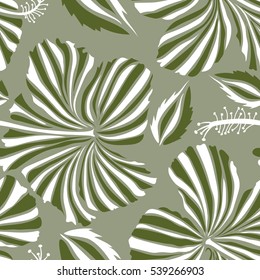 Vector illustration. Tropical seamless pattern with many green and white hibiscus flowers. Green and white vector seamless pattern.