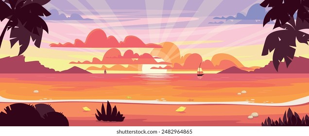 Vector illustration of tropical seascape. Cartoon scene of sunset on the sea with clouds, reflection in the water, sand, boats, silhouettes of islands, palm trees, bushes, plants, shells, stones.