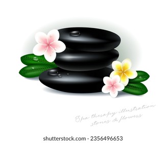 Vector illustration of tropical spa and resort emblem. Some basalt hot stones for massage and exotic plumeria flowers.