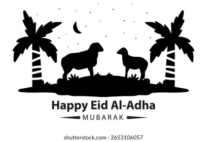 Vector illustration of a tropical summer beach sunset with palm trees, a silhouette of a Goat
