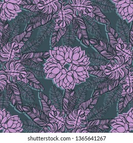 Vector illustration, Tropical summer. cacti, tropical leaves, seamless pattern, dark background, Handmade