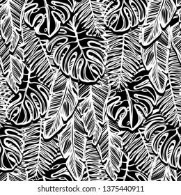 Vector illustration, Tropical summer. cacti, tropical leaves, Handmade, dark background, seamless pattern