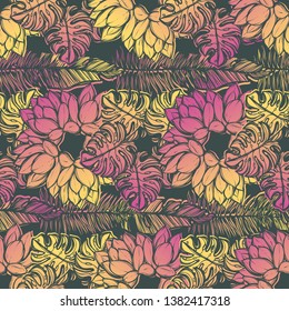 Vector illustration, Tropical summer. cacti, tropical leaves, dark background, Handmade, seamless pattern