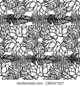 Vector illustration, Tropical summer. cacti, tropical leaves, white background, Handmade, seamless pattern