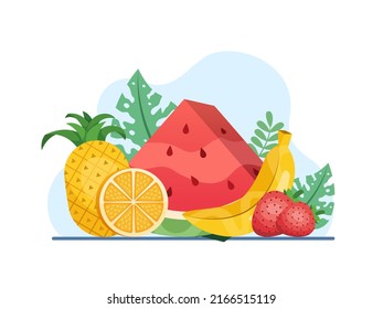 Vector Illustration Tropical Summer Fruit with pineapple, orange slice, watermelon slice, banana, and strawberry.
Can be used for postcard, greeting card, print, book, web, etc
Fresh Fruit.