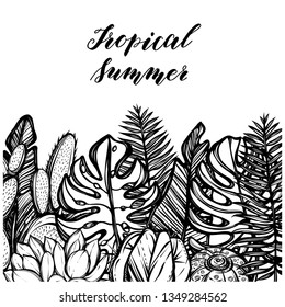 Vector illustration, Tropical summer. tropical leaves, cacti, Handmade, tattoo, print on t-shirt, white background