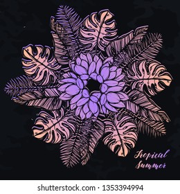 Vector illustration, Tropical summer. tropical leaves, cacti, print on t-shirt, chalkboard background, Handmade