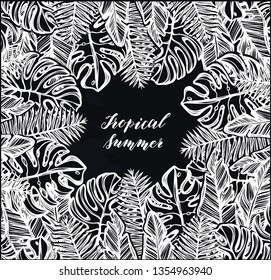 Vector illustration, Tropical summer. tropical leaves, Handmade, chalkboard  background, print on t-shirt