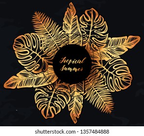 Vector illustration, Tropical summer. tropical leaves, Handmade, print on t-shirt, chalkboard  background