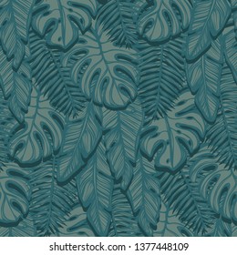 Vector illustration, Tropical summer. tropical leaves, dark background, seamless pattern, Handmade